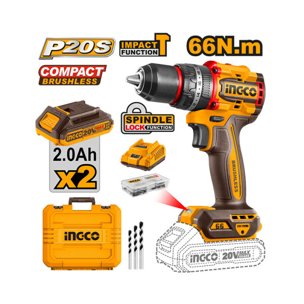 Taladro atornillador 1/2" 20V +percutor s/carbones FER00948