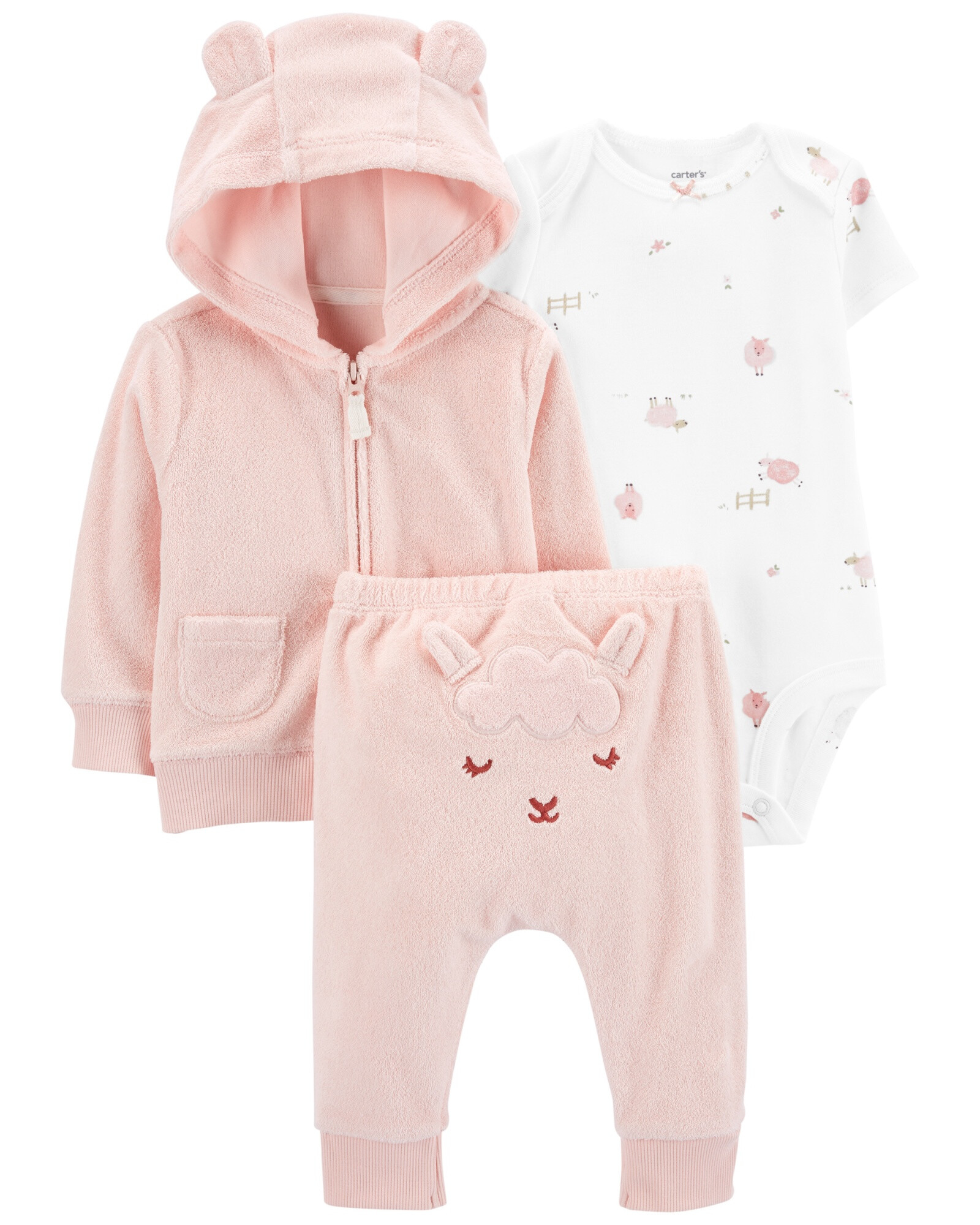 Set tres piezas campera y pantalón de terry más body, diseño oveja Set tres piezas campera y pantalón de terry más body, diseño oveja