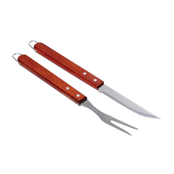 KIT ASADO 2 PIEZAS MADERA CUCHILLO Y TENEDOR 37CMS MARRON