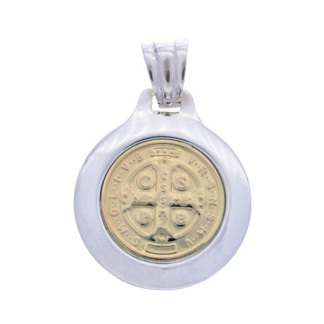Medalla religiosa de plata 925 y double en oro 18 ktes con nácar, SAN BENITO Medalla religiosa de plata 925 y double en oro 18 ktes con nácar, SAN BENITO