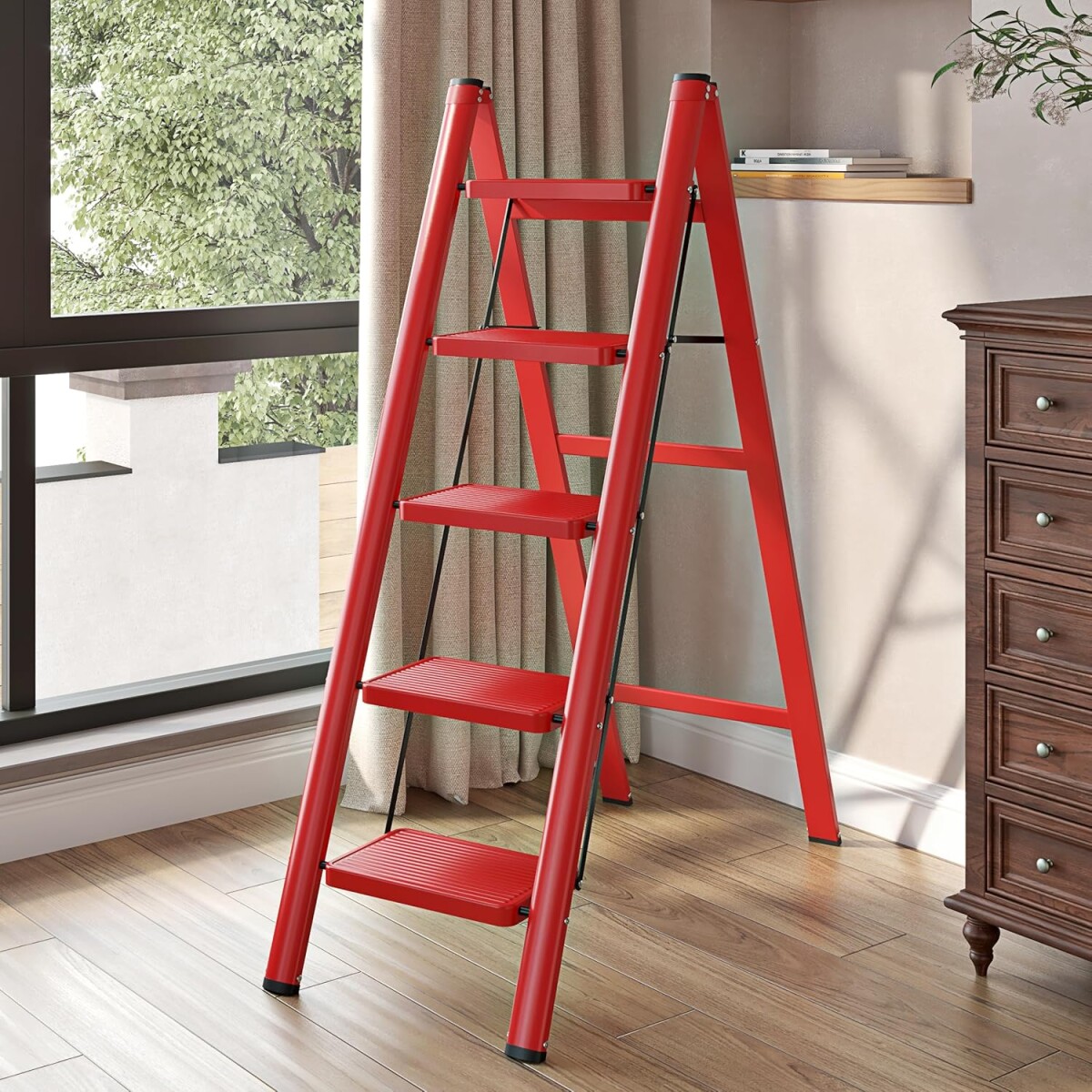 Escalera De 5 Escalones Antidezlisante Y Plegable - Rojo 