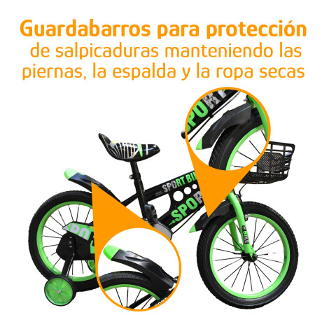 Bicicleta Infantil Rodado 16 C/Rueditas Aux Estilo Deportivo Verde