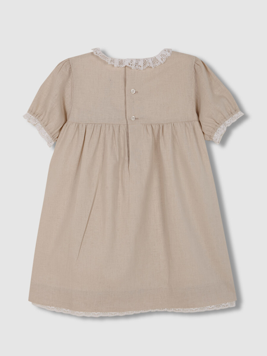 Vestidode Lino Con Tiras Bordadas Marron