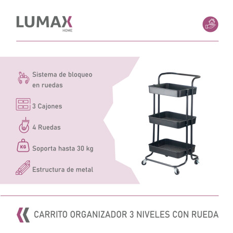 Carrito Organizador 3 Niveles Multiuso con Ruedas Negro