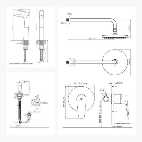 JUEGO COMPLETO CROMADO LINEA ZOE DUCHA EMBUTIDA SIN TRANSF., BRAZO Y ROSETA REDONDA, LAVATORIO ALTO Y BIDET CON TRANSFERENCIA. 000