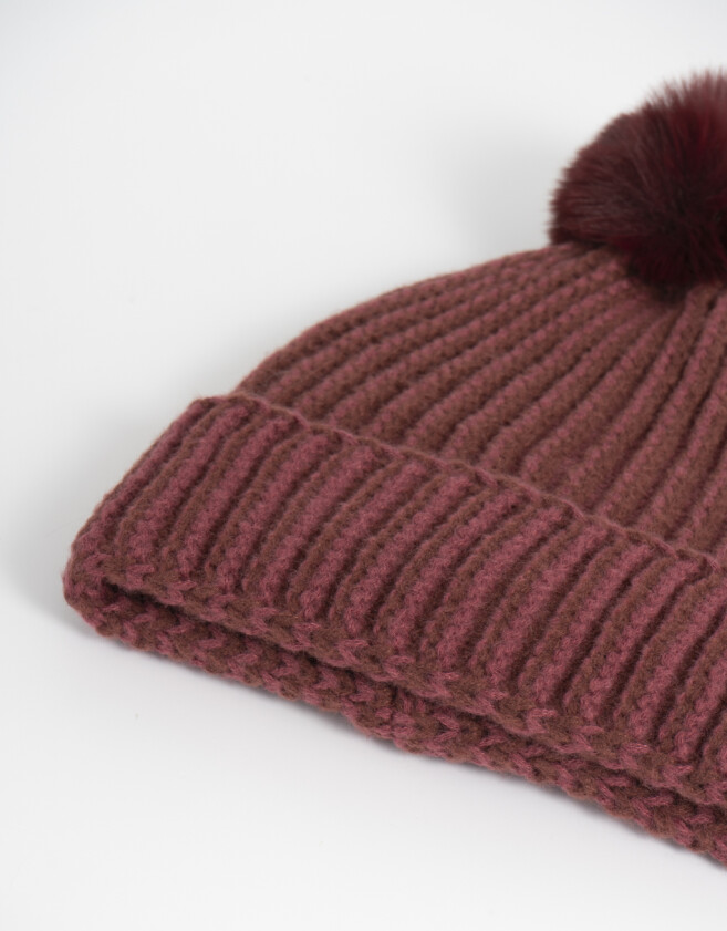 Gorro Romántico Gorro Tejido Con Pompón - Rojo Burdeaux