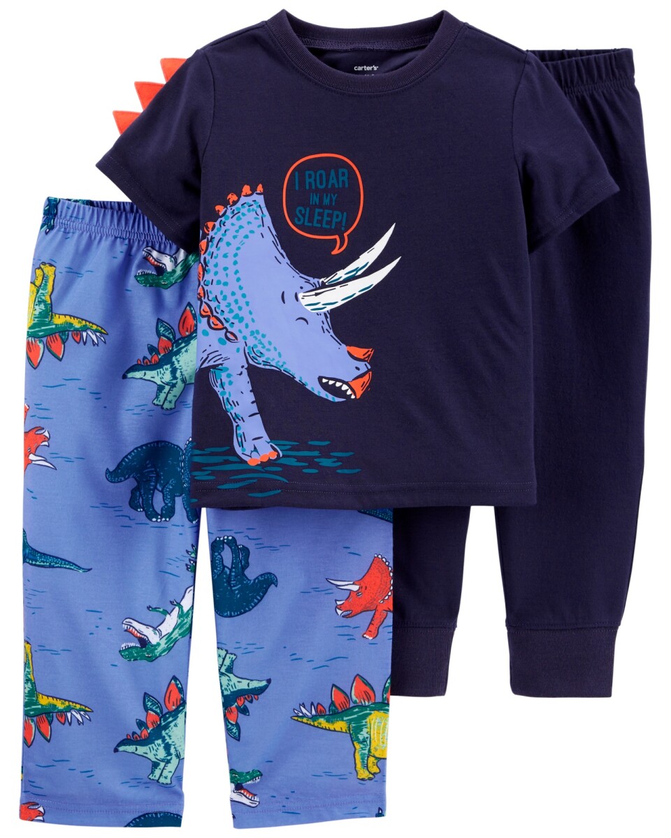 Pijama de Tres Piezas con Short, Pantalón y Remera Manga Corta Estampado Dinosaurio 
