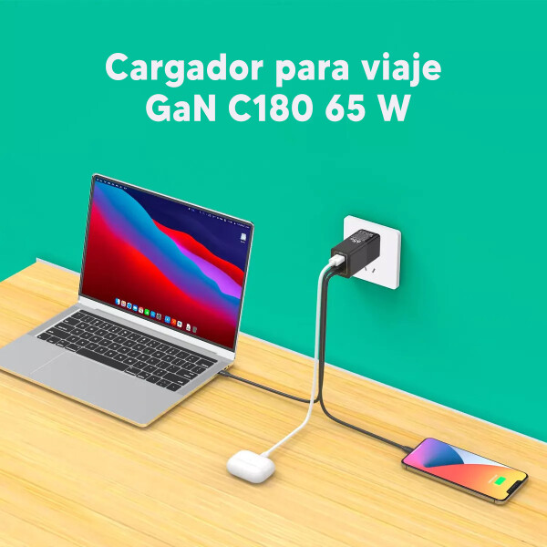 Cargador Para Viaje Gan C180 65 W CARGADOR GAN 65W 3PUERTOS USAMS CC180