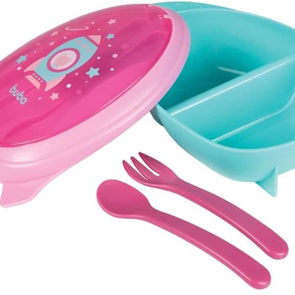 vianda tupper y cubiertos space cohete BUBA rosa