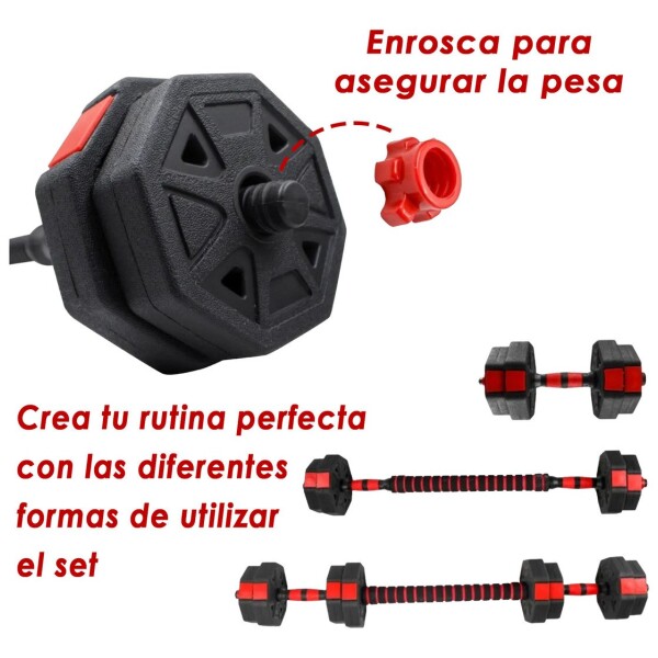 Mancuernas Pesas Ajustables 20 KG Set 2en1 + Barra + Guantes Variante Color Negro
