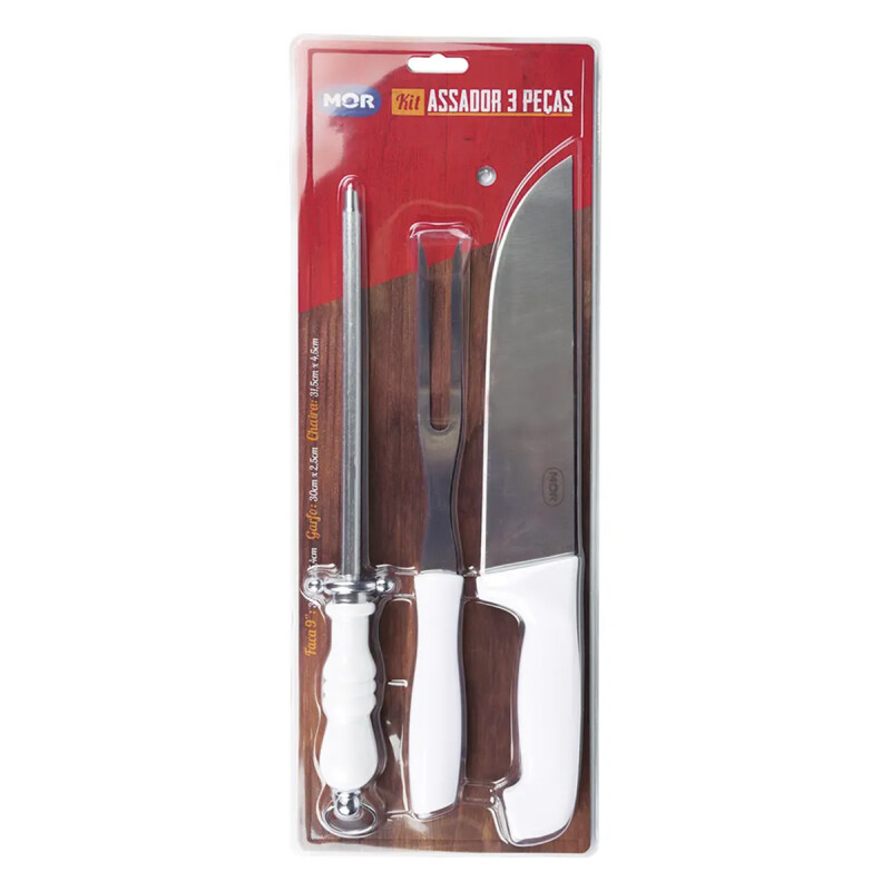 Set asador 3 piezas: Cuchillo, tenedor y chaira mango blanco BLANCO