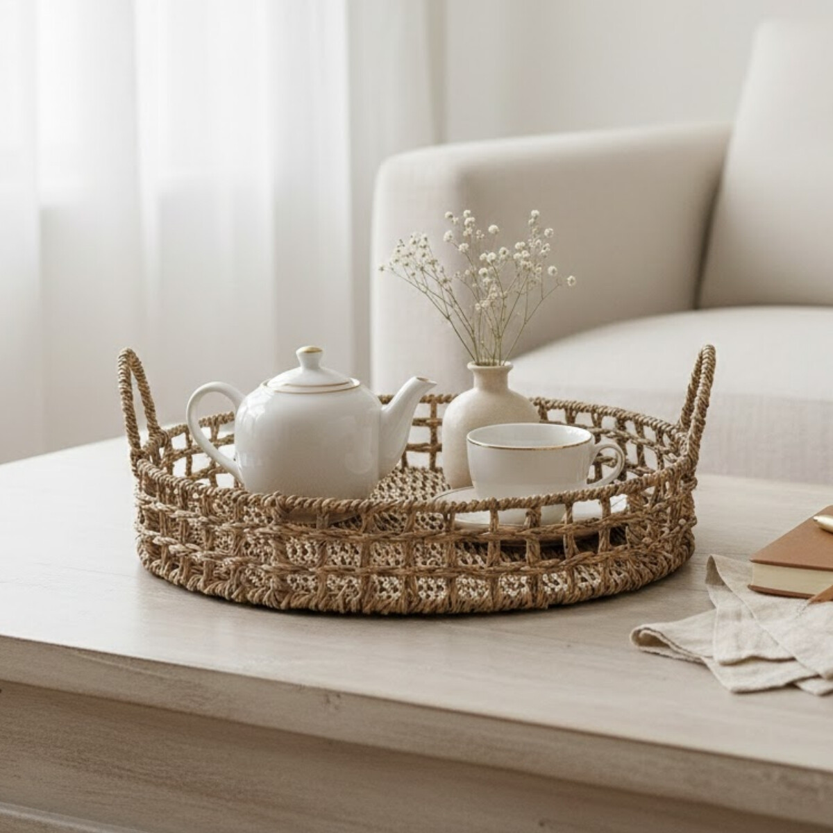 Bandeja centro de mesa con asas Fibras naturales 35x7cm - NATURAL 