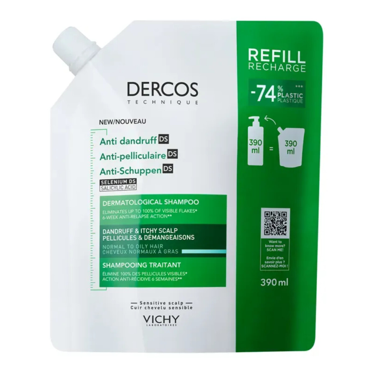 Shampoo Vichy Dercos Anticaspa DS para Cabello Graso Refill 390ml 