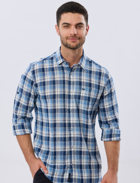 CAMISA CUADROS DE LINO Celeste