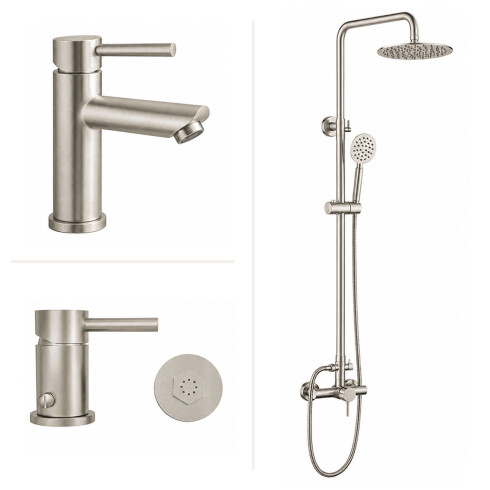 JUEGO GRIFERIA MONOCOMANDO SATINADO CEPILLADO LINEA RIONE GRIS-BRUSHED NICKEL