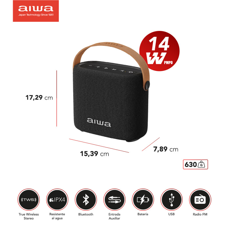 Parlante Activo Bluetooth Portátil 14W P.M.P.O. | AIWA Negro | AWSS70BTC