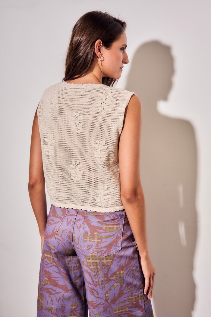 Chaleco Texturado Crochet Flores Beige Melange
