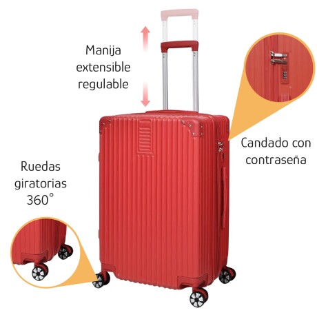 Valija Mediana Rígida 4 Ruedas Dobles Giratorias con Candado Rojo
