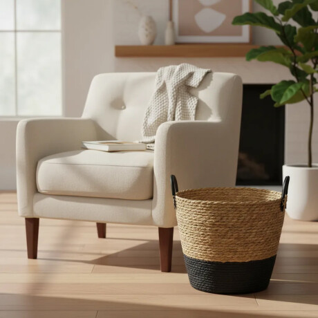 Cesto Canasto de Fibra Natural c/Asa Paramount Deco Ø33x28Cm Negro