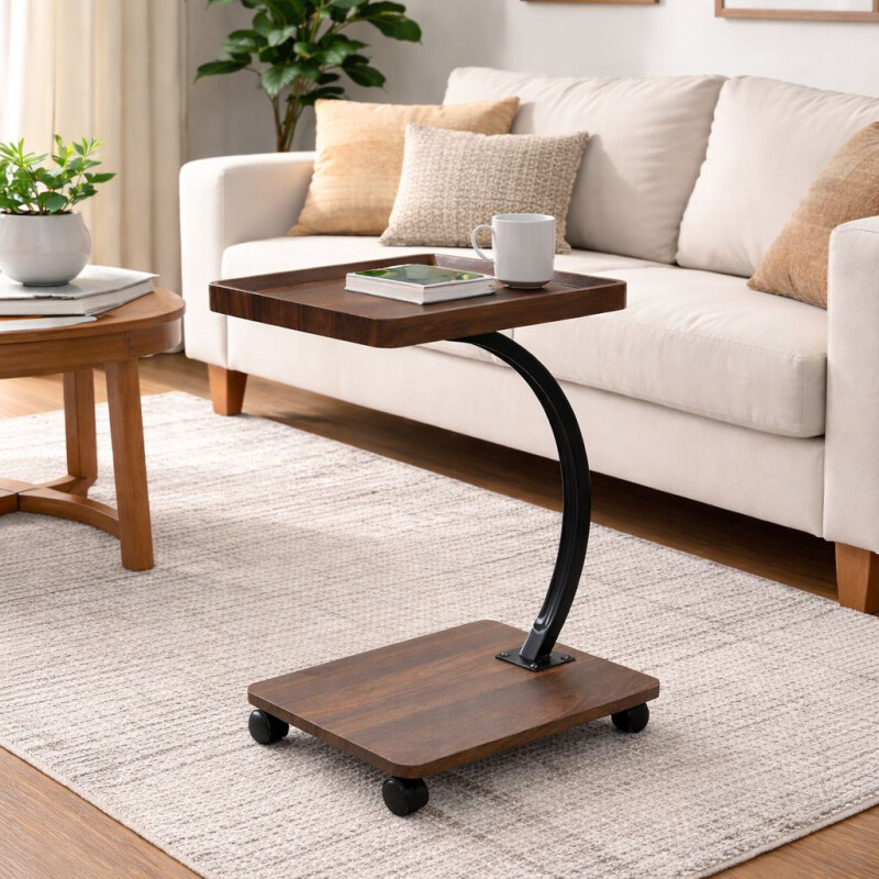 Mesa Auxiliar Lateral con Ruedas Metal y Madera Mesa Auxiliar Lateral con Ruedas Metal y Madera
