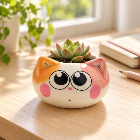 Maceta de cerámica gato naranja y rosado Blanco