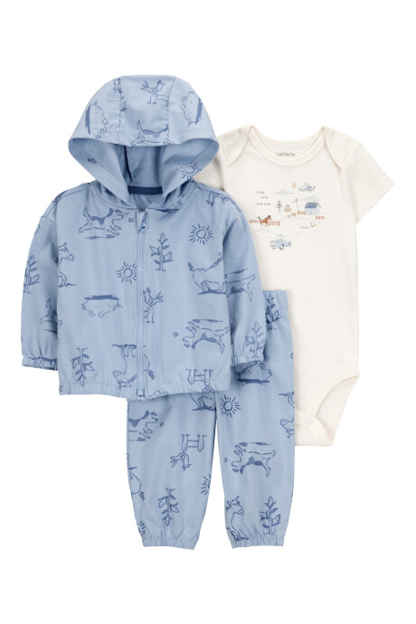 Set tres piezas de algodón, campera, pantalón y body, diseño granja Set tres piezas de algodón, campera, pantalón y body, diseño granja