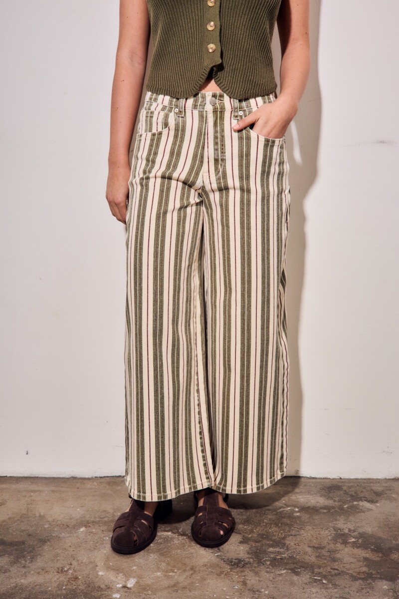 Jean Wide Leg Rayado Oliva Y Crema