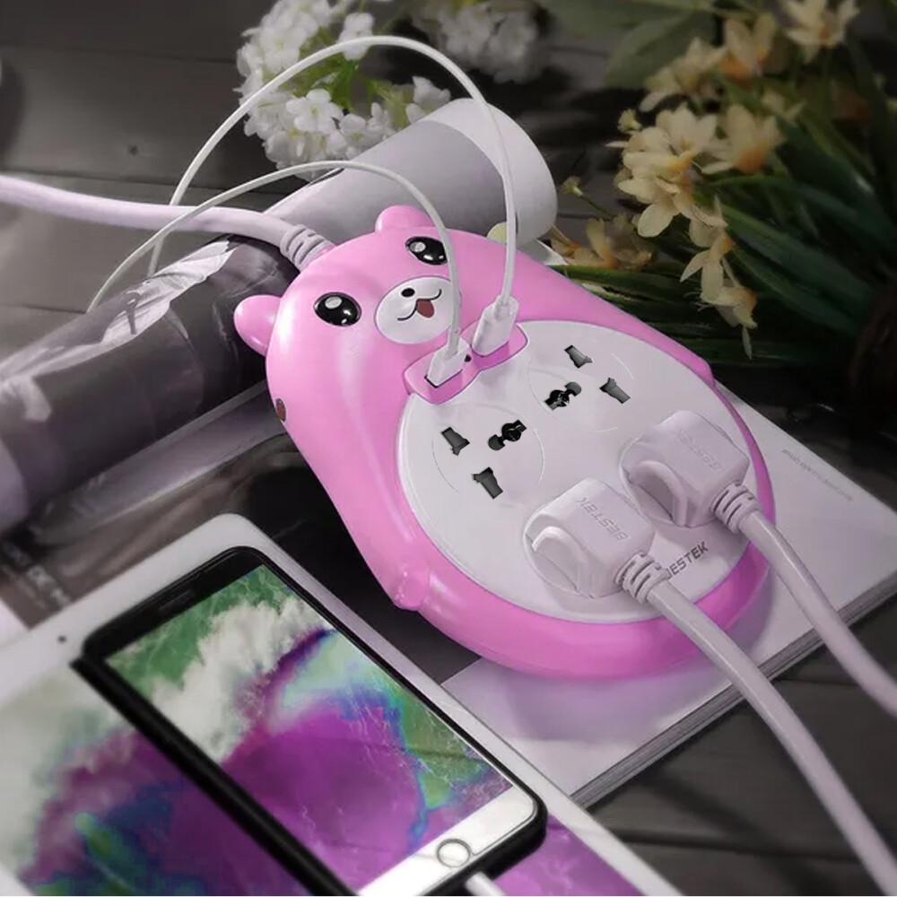 Alargue Con Diseño De Osito y 2 Puerto USB Rosa