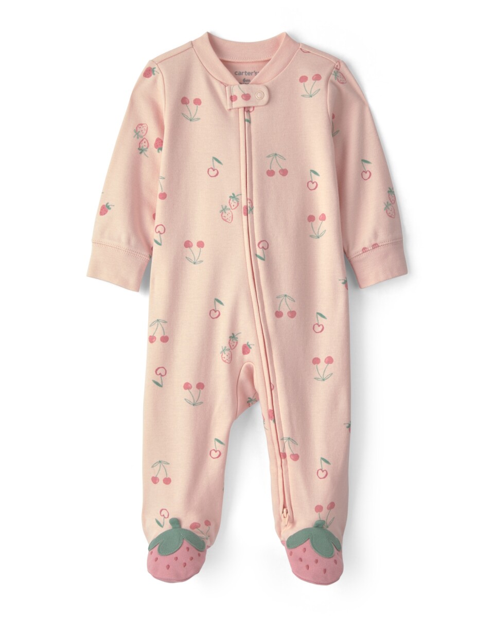 Pijama una pieza de algodón, con pie, rosado, diseño frutillas y cerezas 