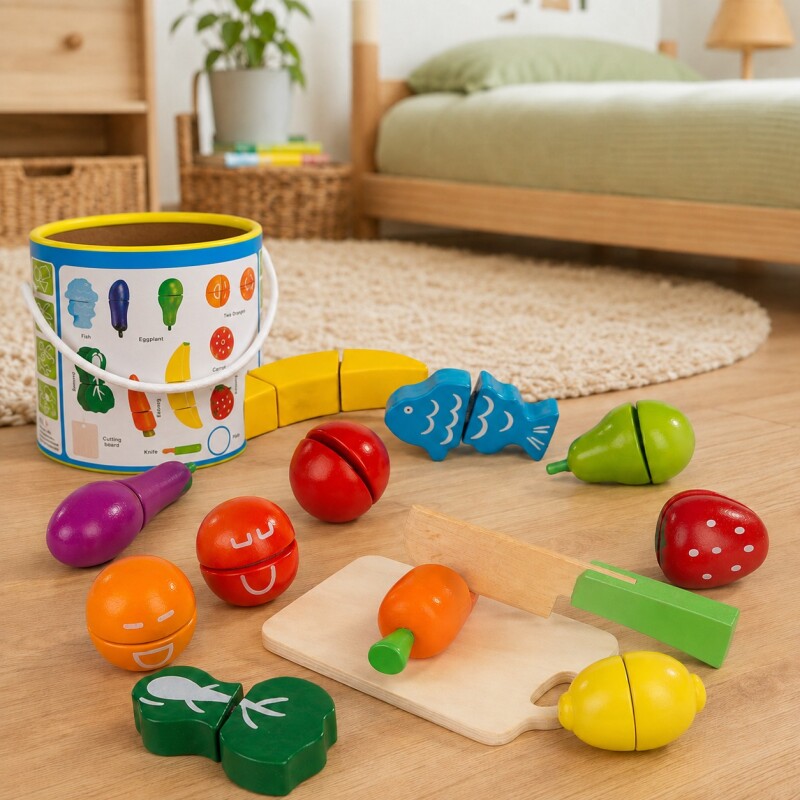 Balde con Frutas de Madera para Cortar con Velcro Balde con Frutas de Madera para Cortar con Velcro