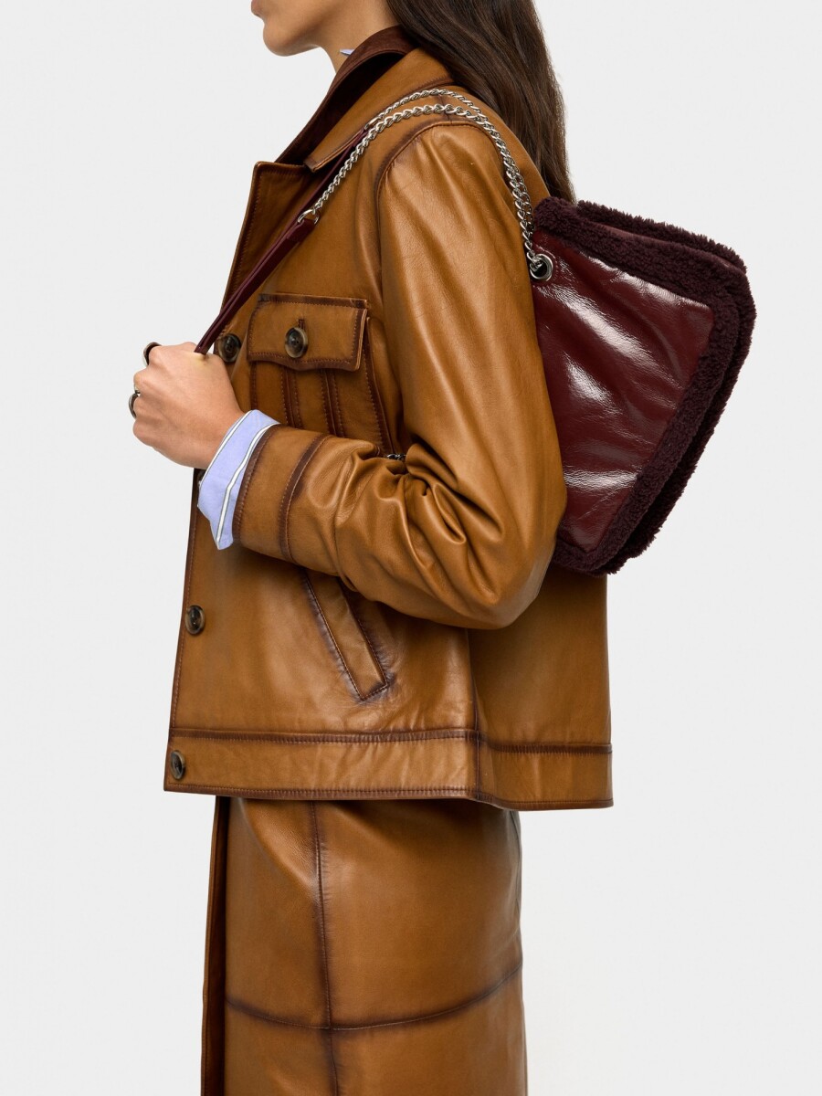 Bolso De Hombro Con Bordes Efecto Pelo burdeos