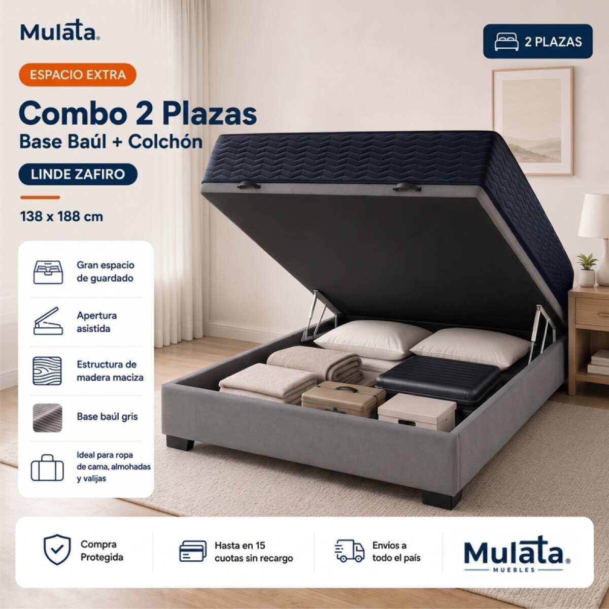 Sommier Baúl 2 Plazas Gris con Colchón Linde Zafiro 140x190 Firme 