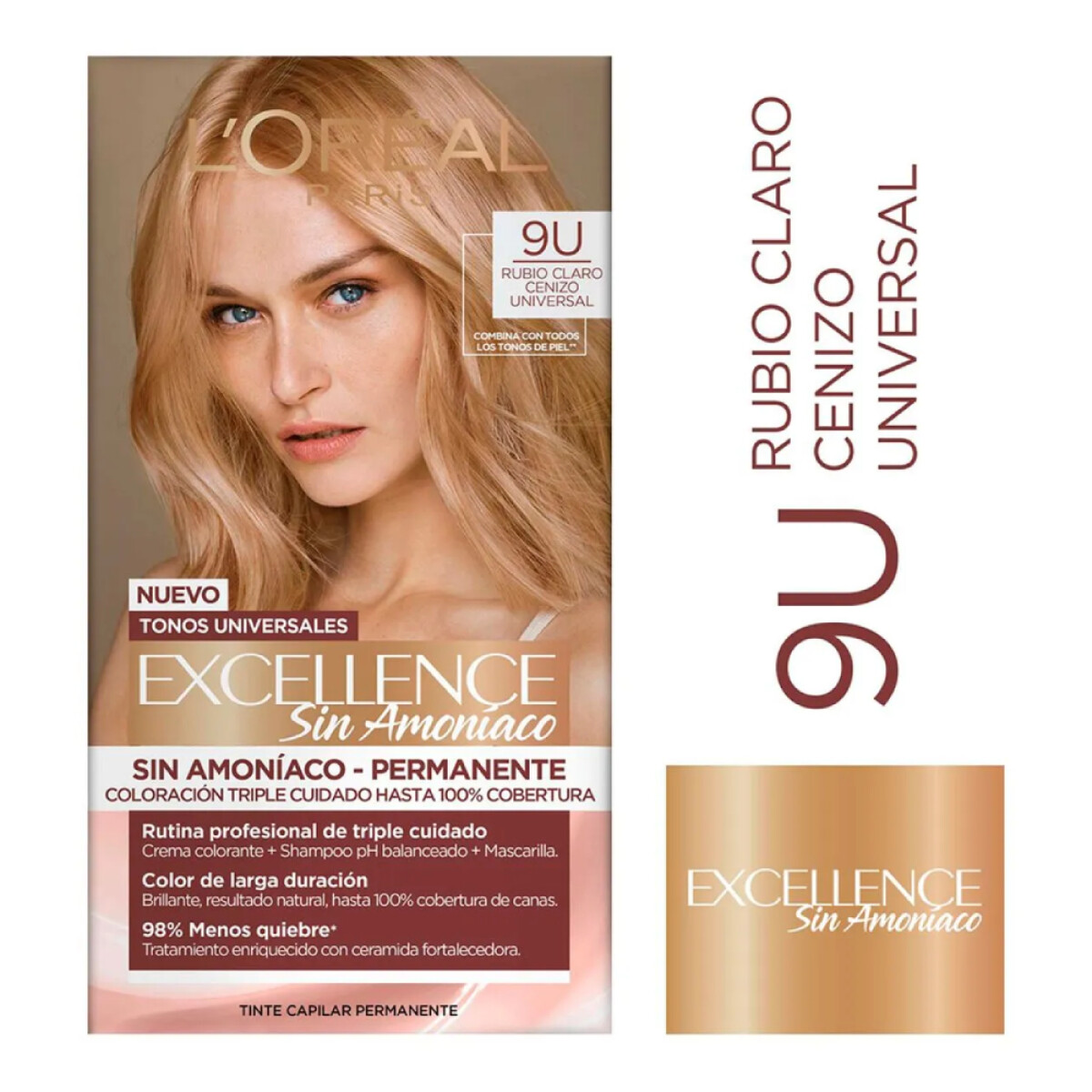 Tintura Para Cabello L'Oréal Paris Excellence Nudes No Amoniaco 9U Rubio Claro Cenizo Universal 