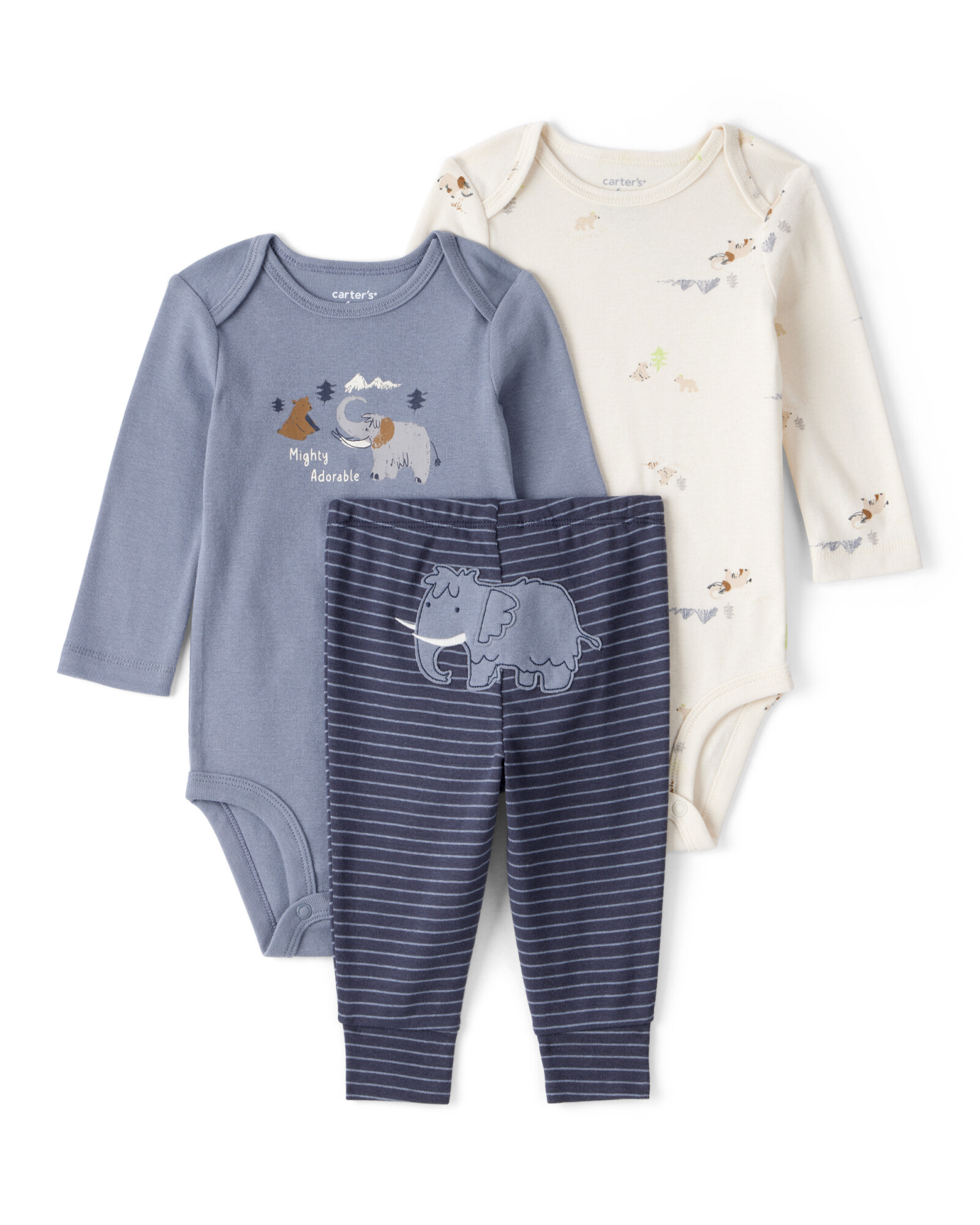 Set tres piezas de algodón, pantalón y dos bodies, azul y blanco, diseño elefante Set tres piezas de algodón, pantalón y dos bodies, azul y blanco, diseño elefante