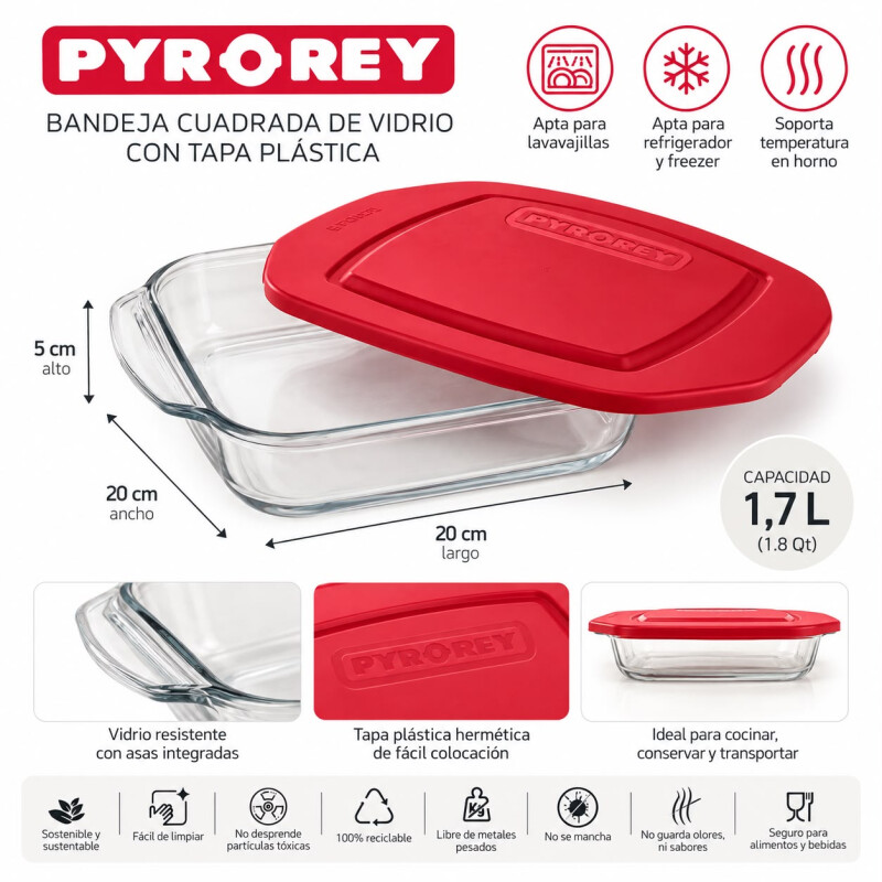 Fuente de Vidrio para Horno Pyro Rey con Tapa Plastica 1.7 Litros Fuente de Vidrio para Horno Pyro Rey con Tapa Plastica 1.7 Litros