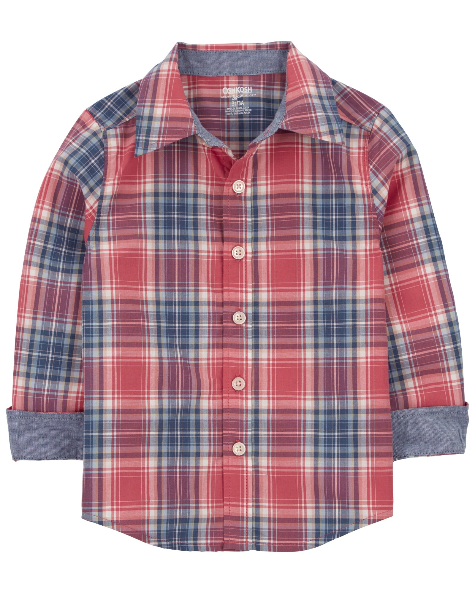 Camisa de algodón, manga larga, diseño a cuadros Sin color