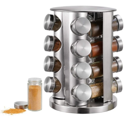 Especiero Redondo Giratorio 16 Frascos De Vidrio Acero Inox Especiero Redondo Giratorio 16 Frascos De Vidrio Acero Inox