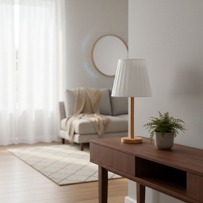 LAMPARA BLANCA C/BASE MADERA P/MESA 45.5X21.5CM Unica