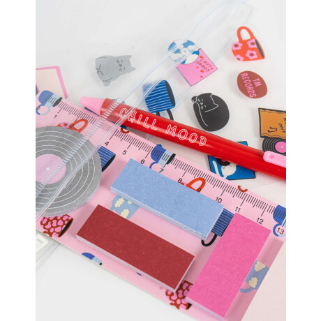 Set De Librería Con Cuaderno A5 Anillado Y Estuche De Pvc Con Notas Adhesivas, Stickers, Lapicera Blanco