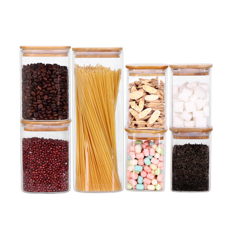 Set X7 Tarros Herméticos Cocina Tapa Bambú Organizadores Transparente