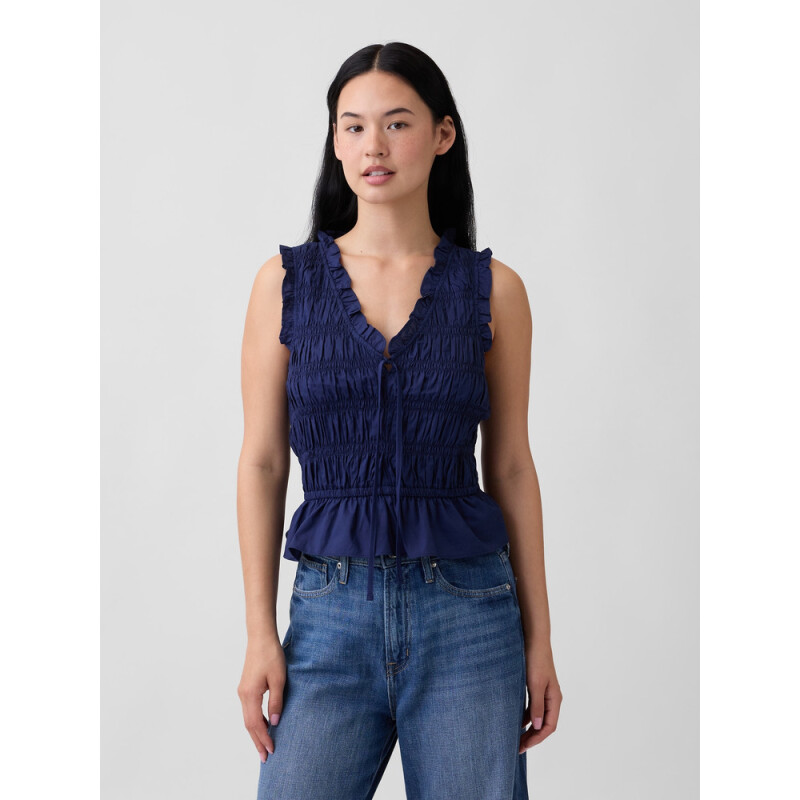 V-SL SMOCKED TIE TOP MILITARY BLUE