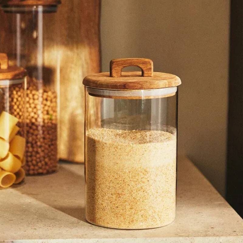 Frasco contenedor de vidrio tapa madera con manija 1300ml