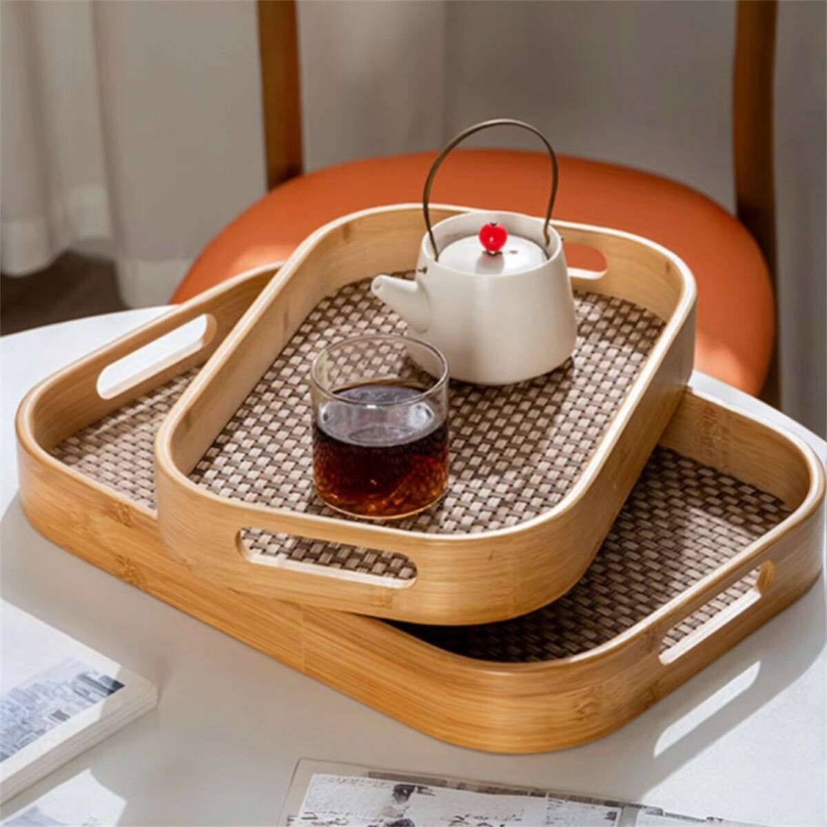 Bandeja Rectangular de Bambu y Simil Ratàn - Set 2 Medidas 