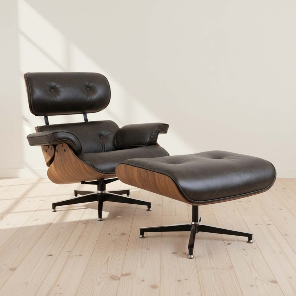 BUTACA C/PUFF 1 CUERPO CUERO-100-NATURAL NEGRO EAMES