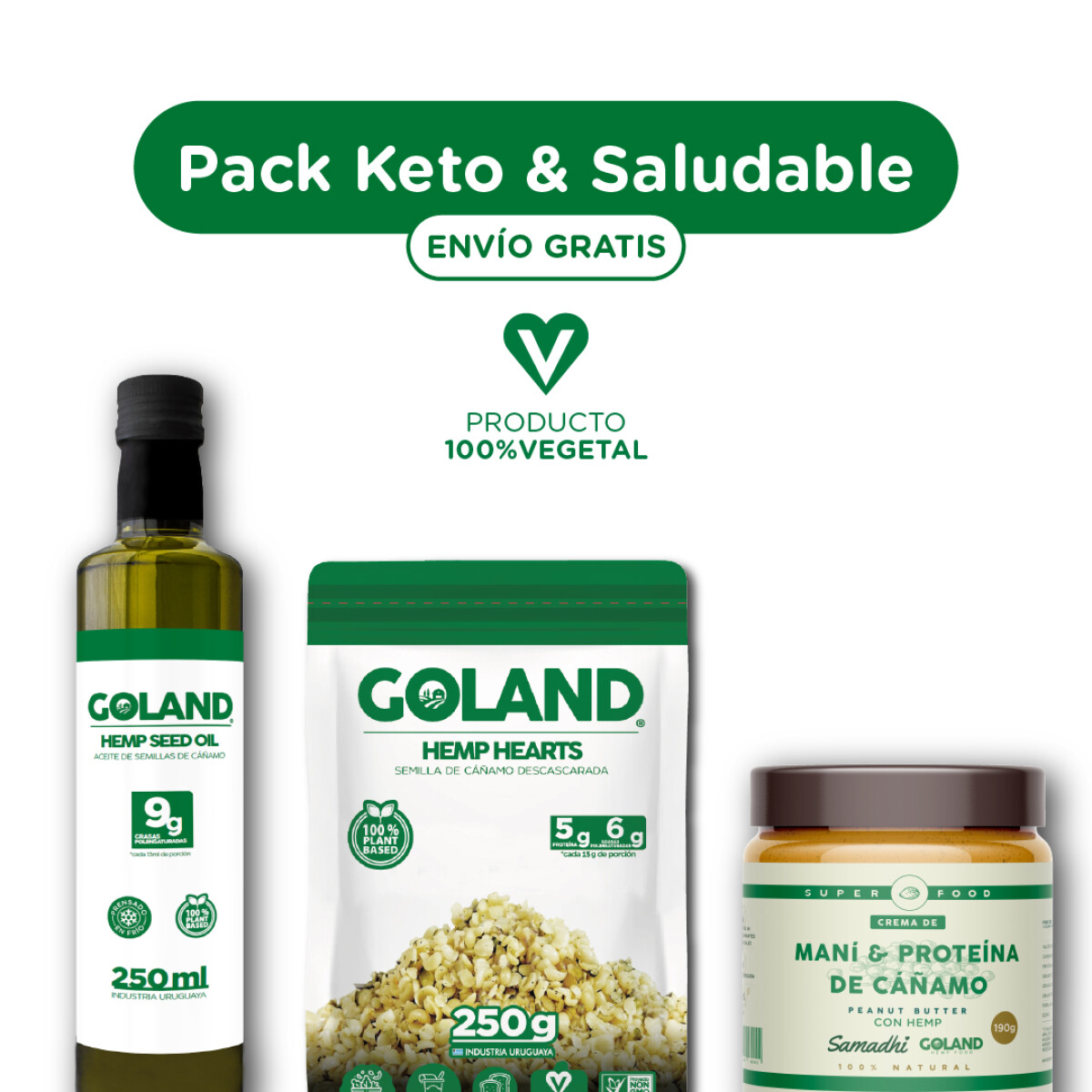 PACK KETO & SALUDABLE | Hemp Seed Oil 250ML + Hemp Hearts 250G + Crema de Maní 190G con Proteína | ENVÍO GRATIS 