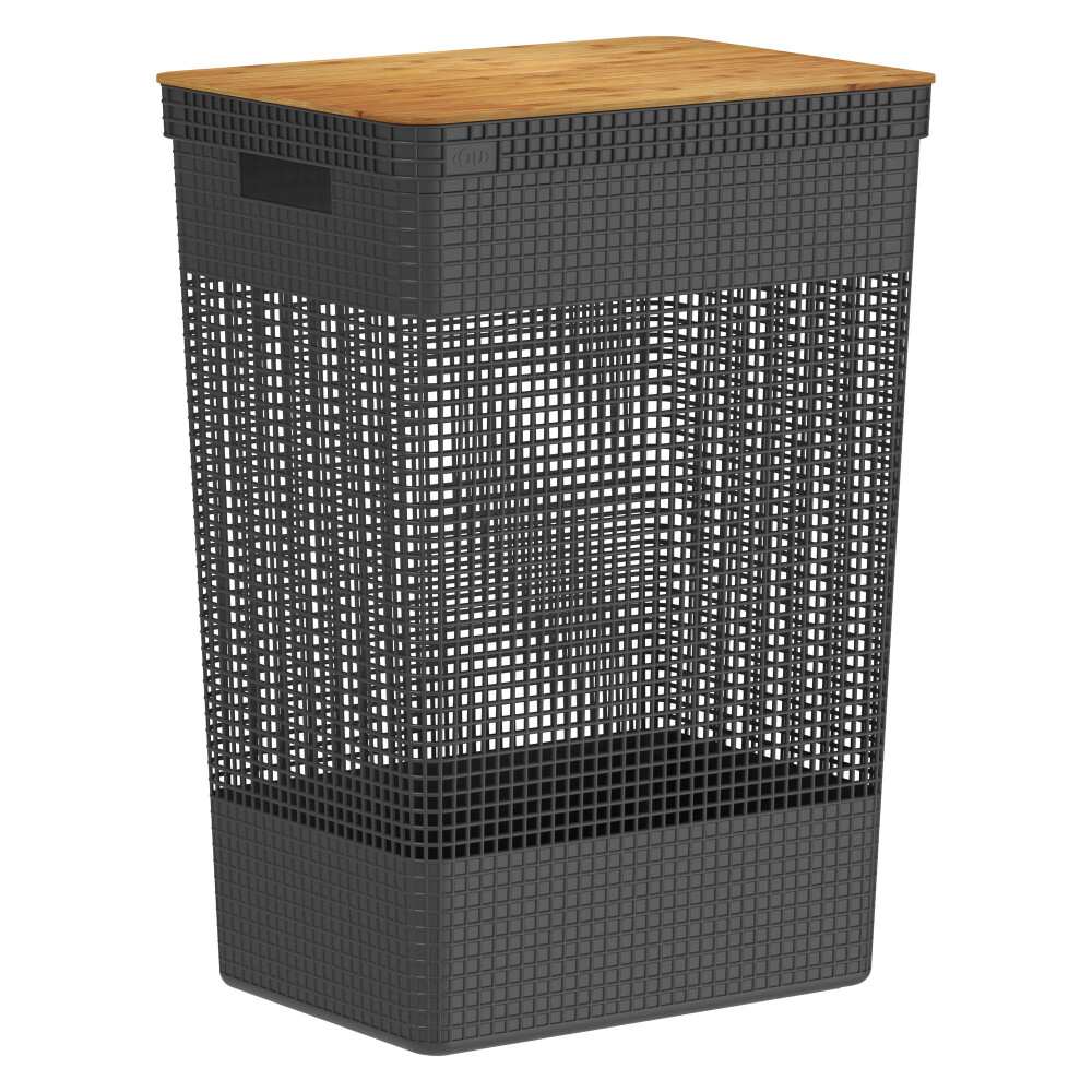 CESTA C/TAPA BAMBÚ PLASTICO-RECICLADO NEGRO GRID 49L