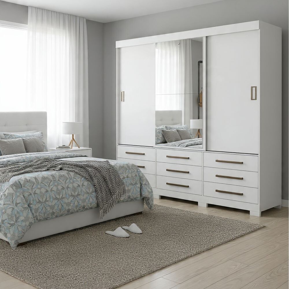 ROPERO 3 PUERTAS CORREDIZAS CON ESPEJO 9 CAJONES GUARDARROPA ARMARIO PLACARD CLOSET BLANCO