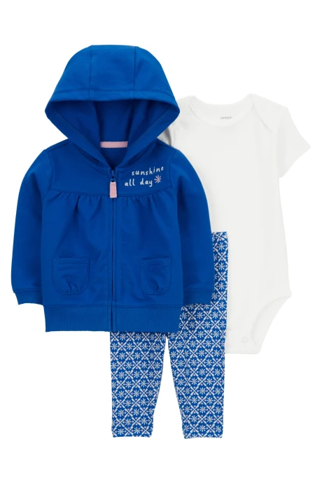 Set tres piezas de algodón, campera, calza y body diseño floral Set tres piezas de algodón, campera, calza y body diseño floral