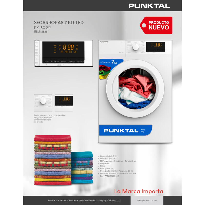 Secarropas 7kg PK-80 SR Secadora Ropa 2350W 15 Programas Display LED Tambor Inox Bajo Consumo Secarropas 7kg PK-80 SR Secadora Ropa 2350W 15 Programas Display LED Tambor Inox Bajo Consumo
