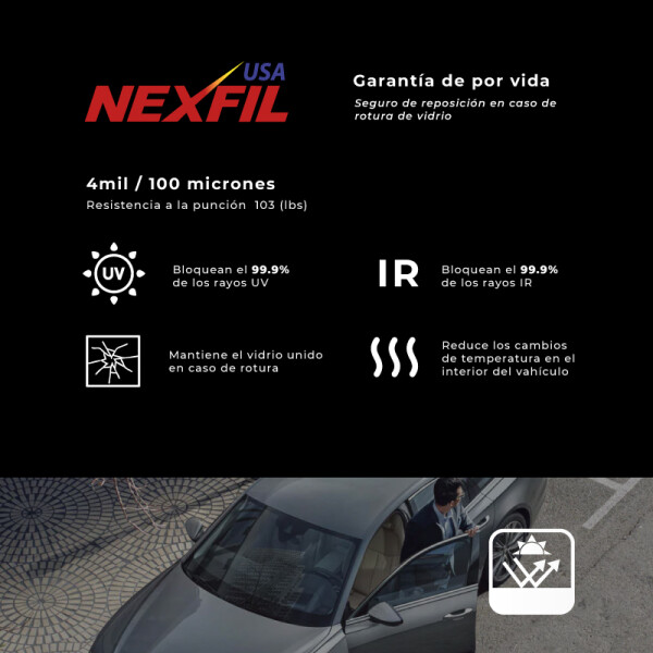 Polarizado Premium Auto. Marca Nexfil - Nanocarbón. Tono: Claro. 100 Micrones Polarizado Premium Auto. Marca Nexfil - Nanocarbón. Tono: Claro. 100 Micrones
